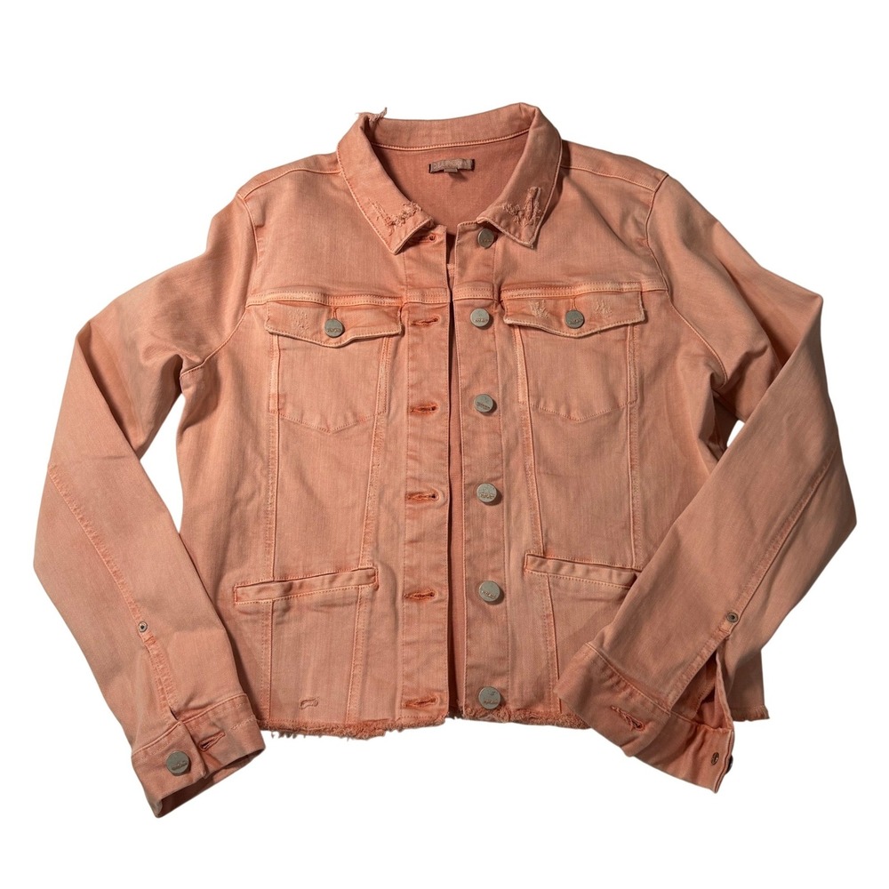 Dear John Denim Jacket Peach Distressed Raw Hem Button Up Cropped M Womensβ